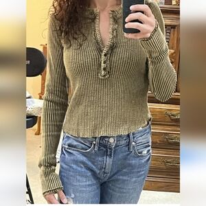 Free People One Colt Thermal Shirt Women Medium Waffle-knit Henley Button Front